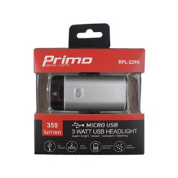 LAMPKA OŚWIETLENIE ROWEROWE PRIMO BIKE LAMPA PRZEDNIA 1P. 3 W. 2 LED 350 lum - SREBR. USB