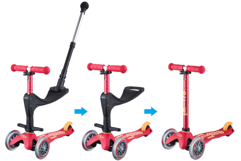 Jeździk z drążkiem i hulajnoga MICRO Mini 3w1 Deluxe Plus, kolor czerwony Jeździk z drążkiem i hulajnoga MICRO Mini 3w1 Deluxe Plus, kolor czerwony