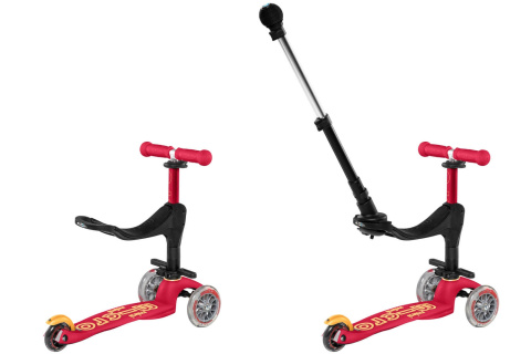 Jeździk z drążkiem i hulajnoga MICRO Mini 3w1 Deluxe Plus, kolor czerwony Jeździk z drążkiem i hulajnoga MICRO Mini 3w1 Deluxe Plus, kolor czerwony